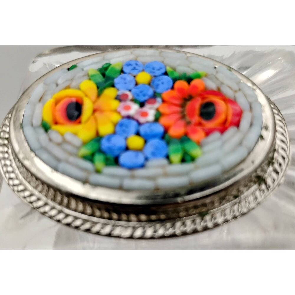 Vintage Italian Micro Mosaic Floral Oval Brooch Pin